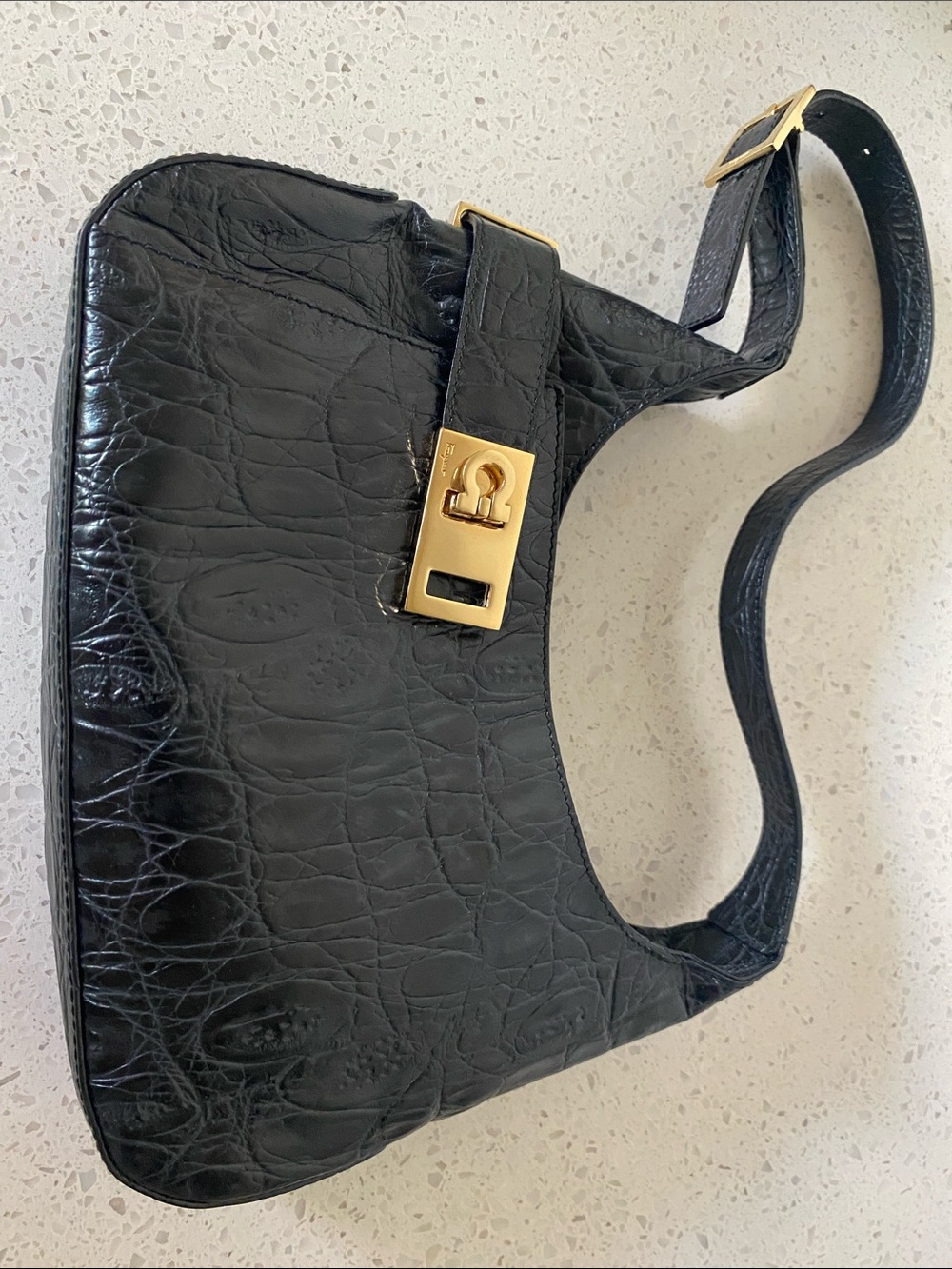 Salvatore Ferragamo Black Croc-Embossed Shoulder Bag with Gold Hardware - Picture 6 of 16